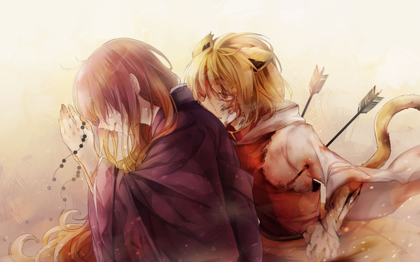 2girls, animal_ears, arrow, blonde_hair, blood, gradient_hair, highres, hijiri_byakuren, injury, long_hair, multicolored_hair, multiple_girls, mutsuki_(ama245), purple_hair, short_hair, tail, tears, tiger_ears, tiger_tail, toramaru_shou, touhou, wink, yellow_eyes