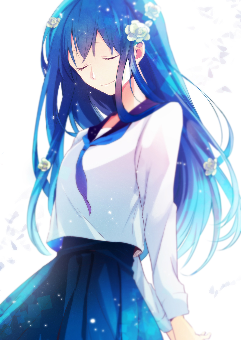 arms_behind_back, black_hair, closed_eyes, flower, hair_flower, hair_ornament, long_hair, mmk0305