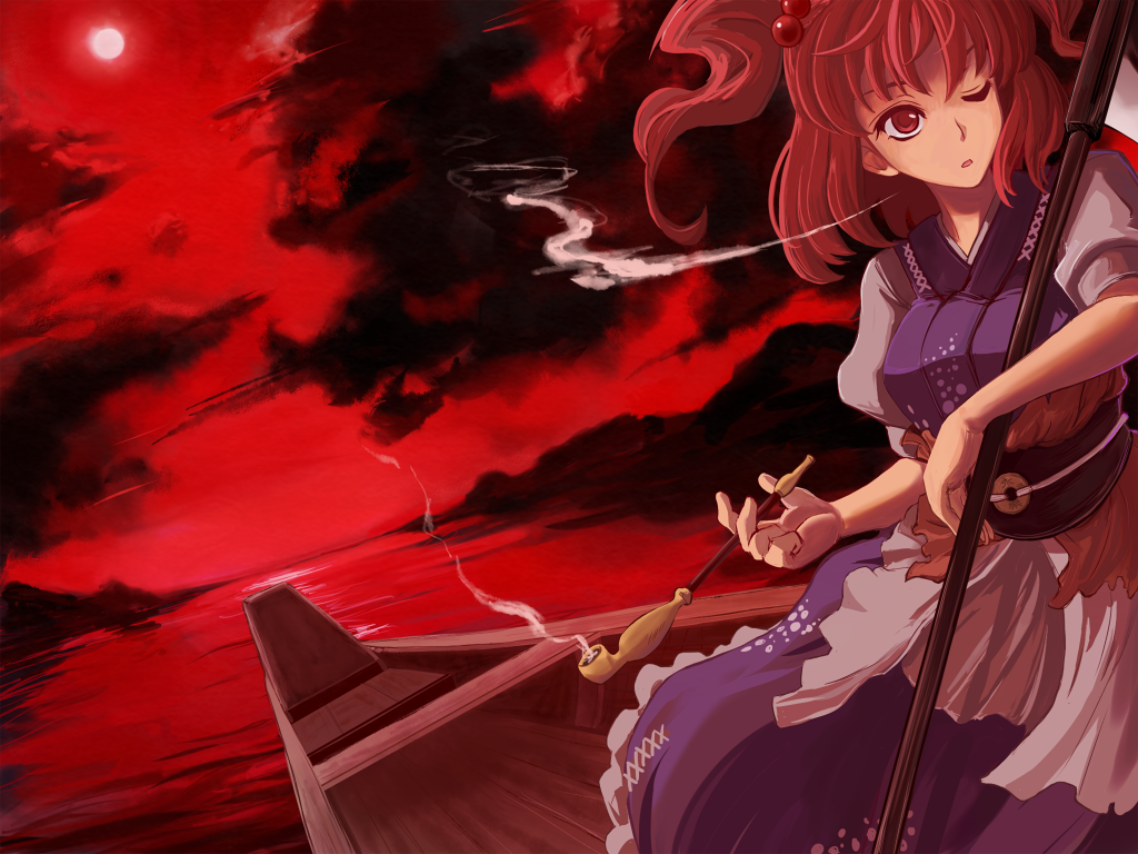 boat, cloud, clouds, fujii, fujii_jun, hair_bobbles, hair_ornament, hands