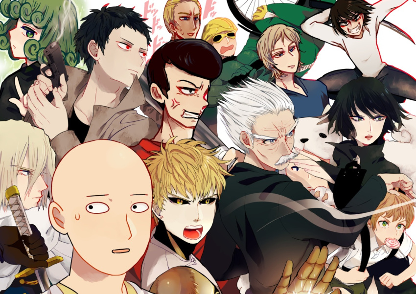 bald, bang_(onepunch_man), bankenman, baseball_bat, black_hair, blonde_hair, candy, coat