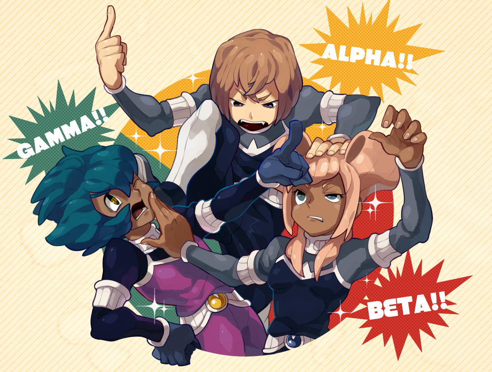 1girl, 2boys, character_name, einamu, gloves, goalkeeper, inazuma_eleven_(series), inazuma_eleven_go, inazuma_eleven_go_chrono_stone, monoka, multiple_boys, open_mouth, orca_(inazuma_eleven), protocol_omega, rujiku, soccer_uniform