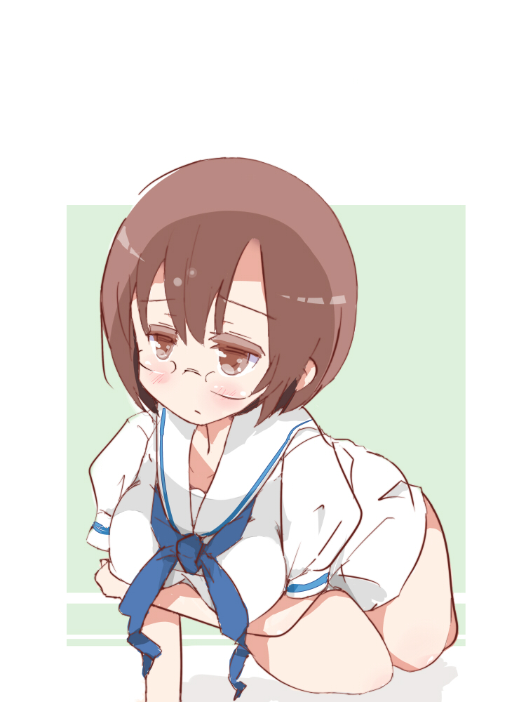 1girl, blush, breast_lift, brown_hair, glasses, hachi_(orange), kneeling, saki