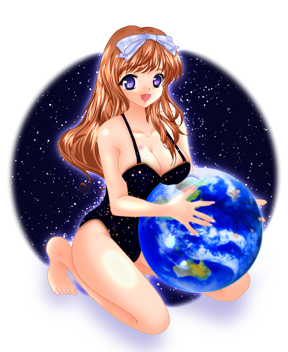 ball, brown_hair, casual_one-piece_swimsuit, earth, hinoe_riho, long_hair, one-piece_swimsuit, open_mouth