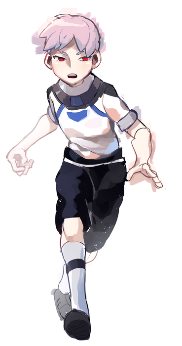 1boy, gura_fomu, inazuma_eleven_(series), inazuma_eleven_go, inazuma_eleven_go_chrono_stone, male, monoka, open_mouth, perfect_cascade, red_eyes, short_hair, soccer_uniform, solo, white_background