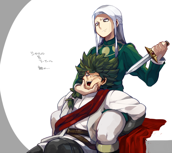 2boys, charles_vii_(inazuma_eleven), dagger, green_hair, inazuma_eleven_(series), inazuma_eleven_go, inazuma_eleven_go_chrono_stone, la_hire_(inazuma_eleven), long_hair, male, monoka, multiple_boys, open_mouth, smile, weapon, white_hair, wince