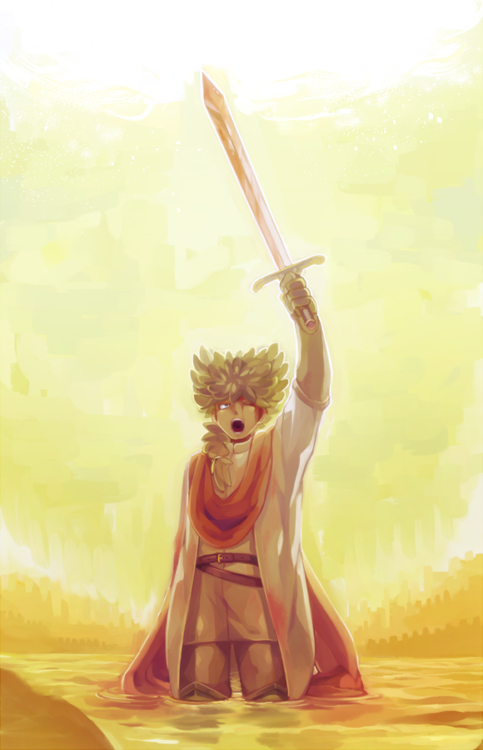 1boy, inazuma_eleven_(series), inazuma_eleven_go, inazuma_eleven_go_chrono_stone, la_hire_(inazuma_eleven), male, monoka, open_mouth, solo, sword, wading, weapon