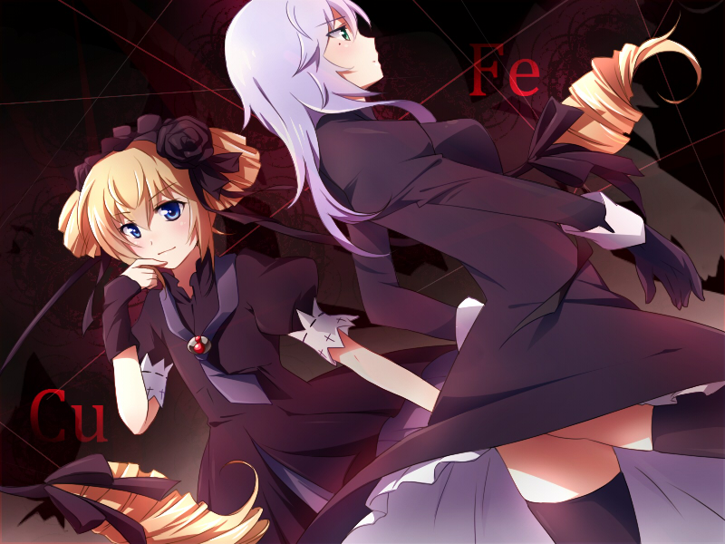 black_dress, blonde_hair, blue_eyes, breasts, long_hair, looking_at_viewer, short_hair, smile