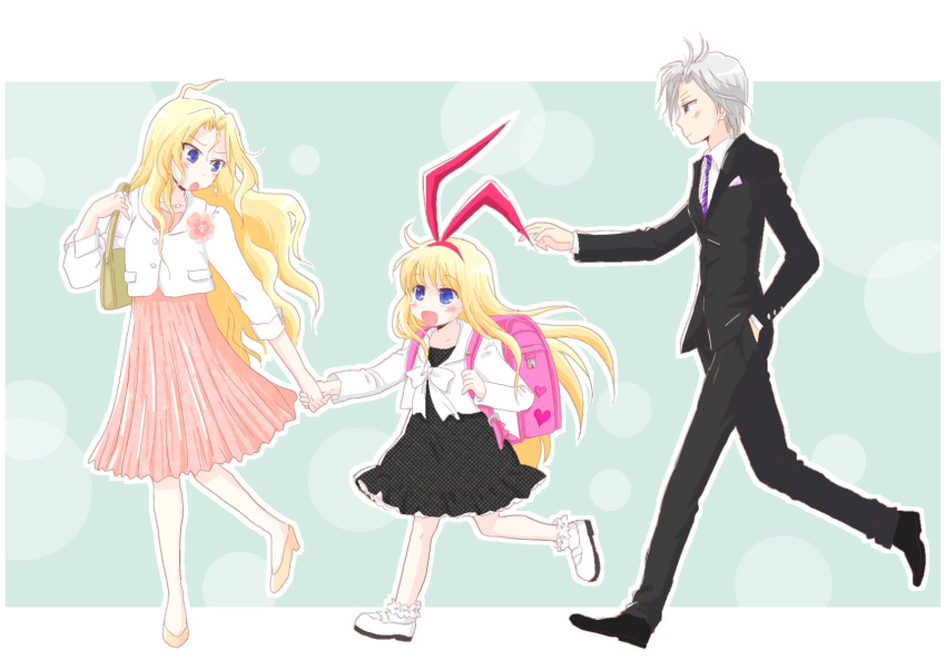 3girls, amae_koromo, backpack, bag, blonde_hair, blue_eyes, blush, flower