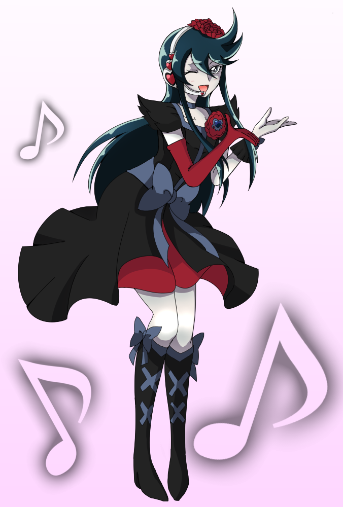 1girl, alternate_color, alternate_hair_color, black_hair, boots, bow, brooch, choker