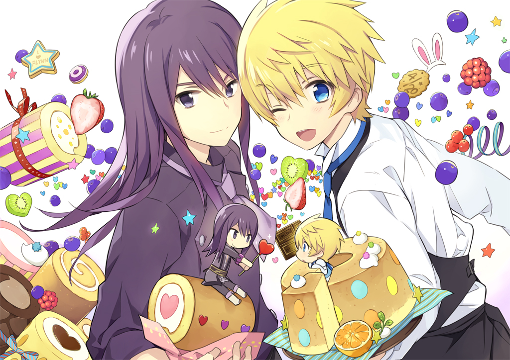 2boys, baumkuchen, blonde_hair, blue_eyes, blueberry, candy, chibi, chocolate