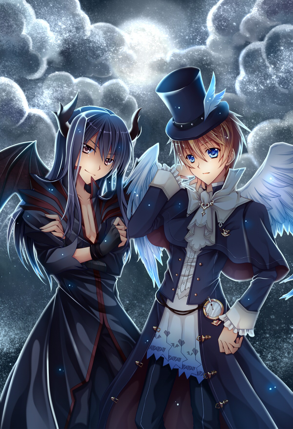 2boys, alternate_costume, angel_wings, bat_wings, black_hair, blonde_hair, blue_eyes, brown_eyes
