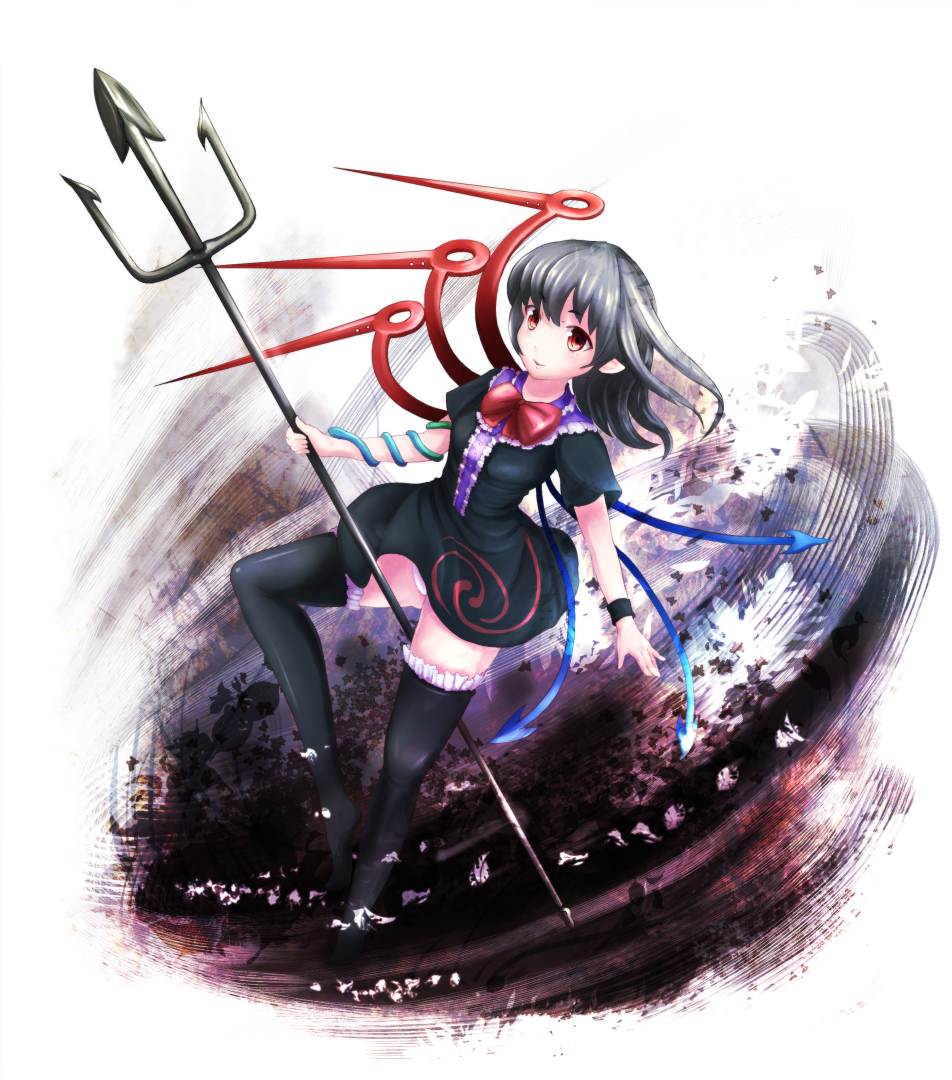 1girl, asymmetrical_wings, black_dress, black_hair, black_legwear, bow, dress, furim