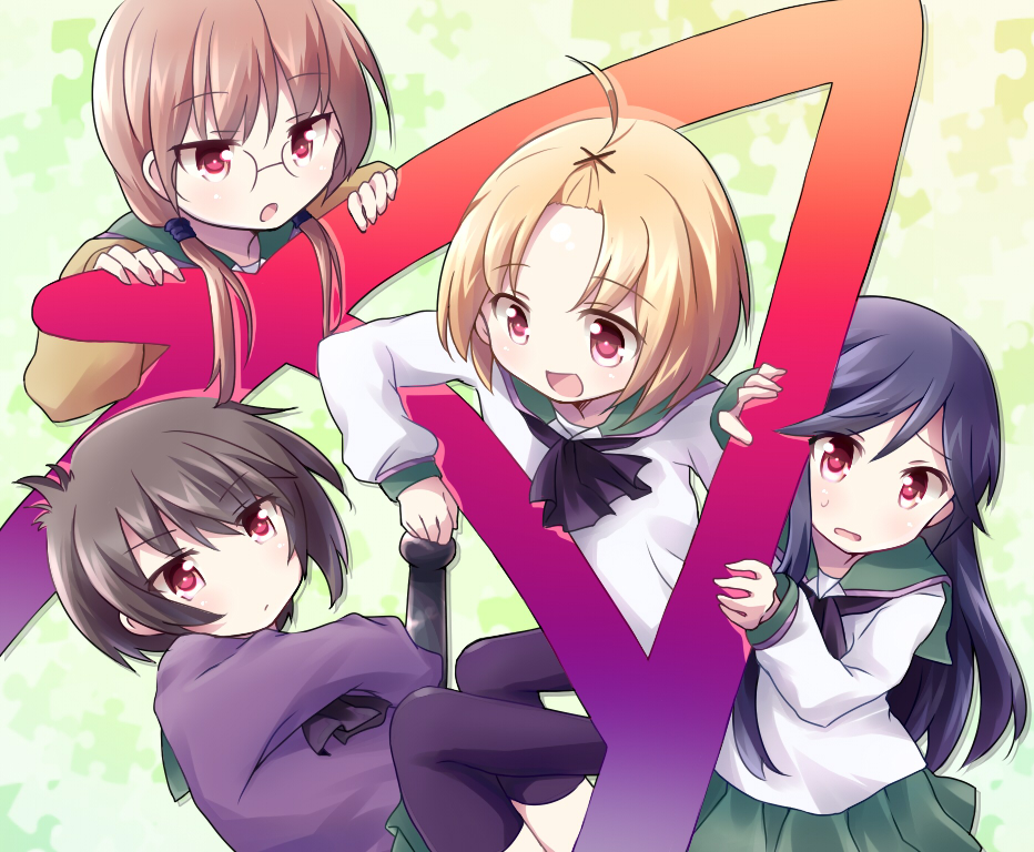 4girls, a_channel, black_hair, blush, glasses, ichii_tooru, long_hair, momoki_run, multiple_girls, nishi_yuuko, open_mouth, school_uniform, serafuku, short_hair, smile, tennouji_nagisa, xxxcustardxxx