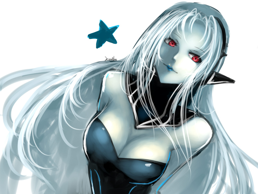 1girl, arms_behind_back, bare_shoulders, blue_lipstick, breasts, cleavage, detached_collar, highres