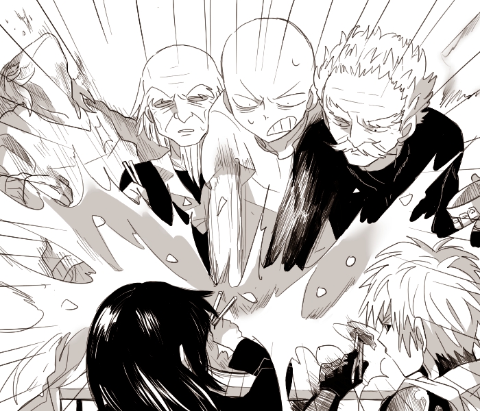 1girl, 5boys, bald, ban_(3551702), bang_(onepunch_man), beard, bombe, chopsticks, facial_hair, food, food_fight, fubuki_(onepunch_man), genos, king_(onepunch_man), long_hair, monochrome, multiple_boys, mustache, nabe, onepunch_man, saitama_(onepunch_man), short_hair