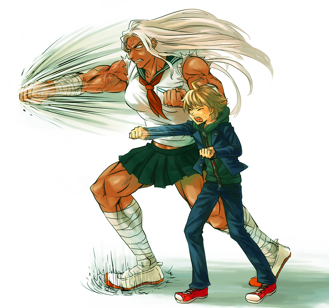 1boy, 1girl, ahoge, bandages, brown_hair, clenched_hand, coppar, dangan_ronpa, height_difference, hoodie, naegi_makoto, ookami_sakura, open_mouth, punching, scar, school_uniform, serafuku, sweat, white_hair