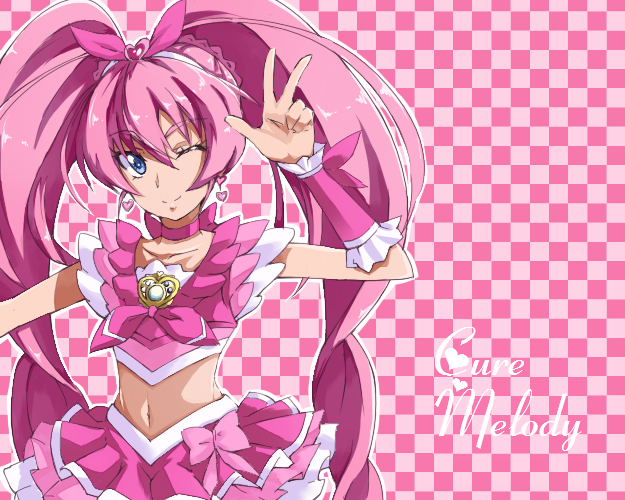 1girl, blue_eyes, brooch, character_name, choker, cure_melody, frilled_skirt, hair_ribbon, heart, houjou_hibiki, jewelry, long_hair, looking_at_viewer, magical_girl, midriff, nanashishi, navel, pink_hair, precure, ribbon, skirt, solo, suite_precure, twintails, v