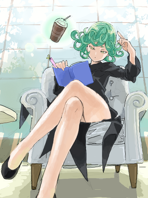 1girl, black_dress, book, couch, crossed_legs, curly_hair, dress, drink