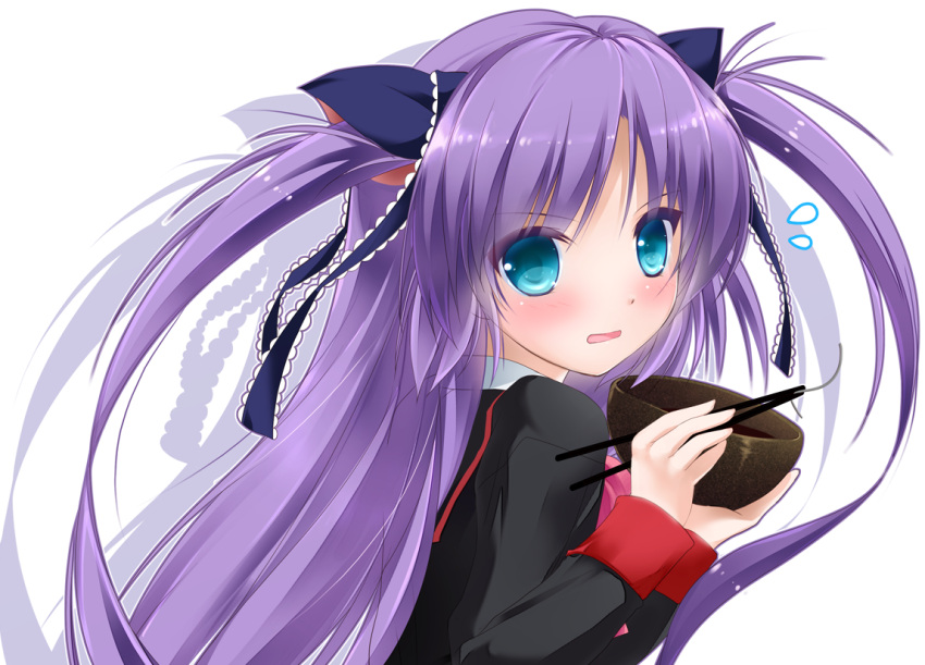 1girl, asahina_yori, blue_eyes, bowl, chopsticks, little_busters!!, long_hair, purple_hair