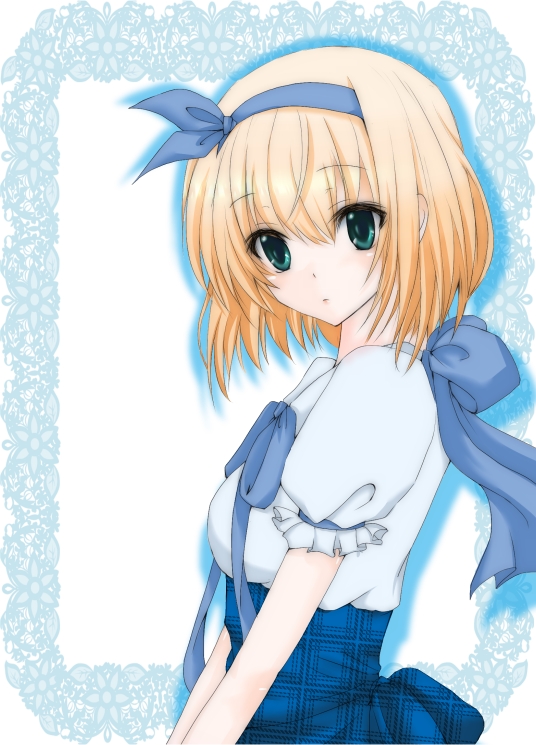 1girl, blonde_hair, bow, colored, green_eyes, hairband, momobesaeka, original, short_hair