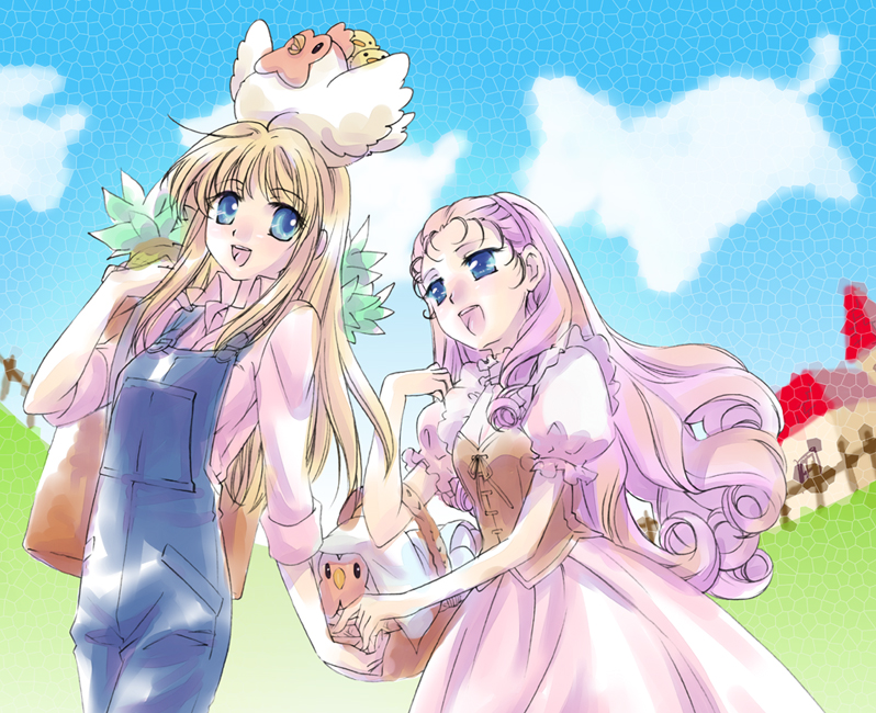 backpack, basket, bird, blonde_hair, blue_eyes, chick, chicken, claire_(harvest_moon), clouds, corset, dress, fence, hairband, harvest_moon, kawagoe_pochi, long_hair, multiple_girls, open_mouth, overalls, pineapple, pink_hair, popuri_(harvest_moon), sky, smile