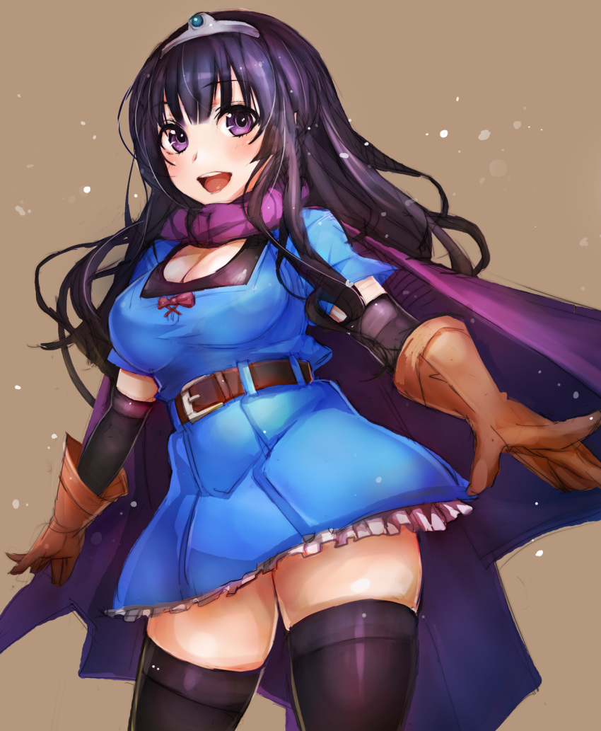1girl, :d, belt, black_legwear, blush, breasts, cape, cleavage