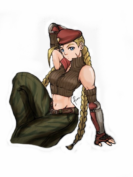 ahoge, alternate_costume, arm_up, belt, beret, blonde_hair, blue_eyes, braid, breasts, cammy_white, cargo_pants, collaboration, colored, crop_top, elbow_gloves, final_fight, final_fight_streetwise, fingerless_gloves, gloves, hat, huge_ahoge, large_breasts, long_hair, midriff, miyuri29, navel, scar, sitting, sleeveless, slender_waist, solo, street_fighter, toned, twin_braids, vambraces, zipper