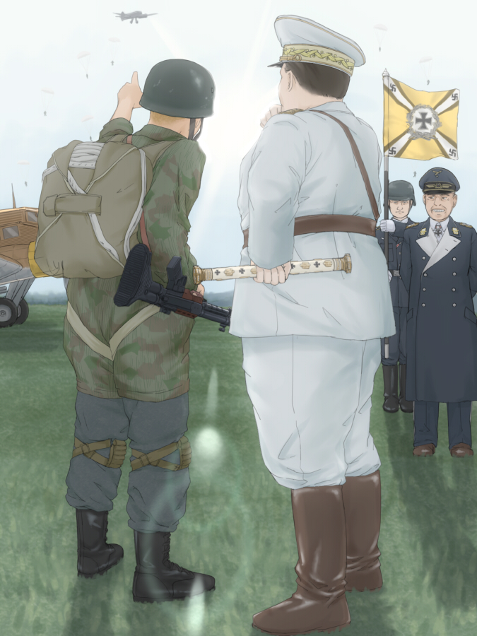 4boys, airplane, black_hair, boots, flag, flying, gavinekov, hand_on_hip