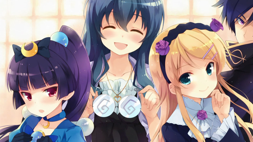 1boy, 3girls, ^_^, alternate_hairstyle, artist_request, black_hair, blue_eyes, blue_hair