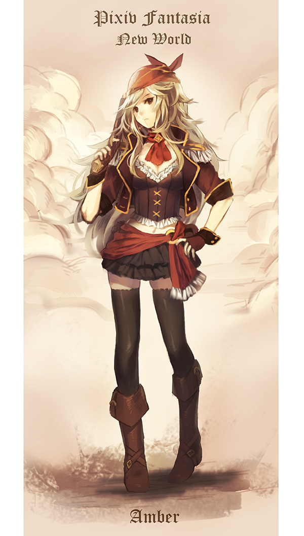 1girl, bandana, black_legwear, blonde_hair, boots, breasts, character_name, cleavage