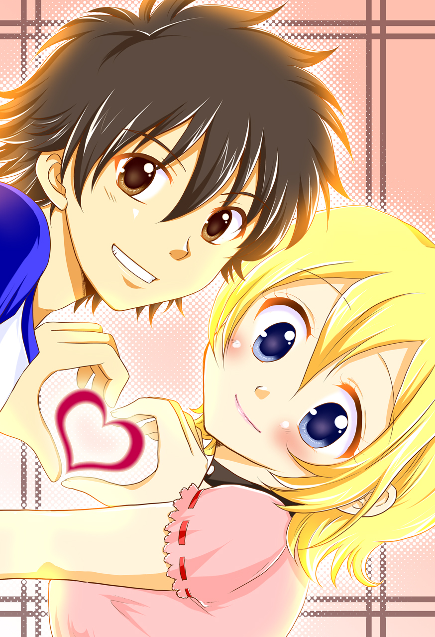 1boy, 1girl, black_hair, blonde_hair, blue_eyes, brown_eyes, choker, couple