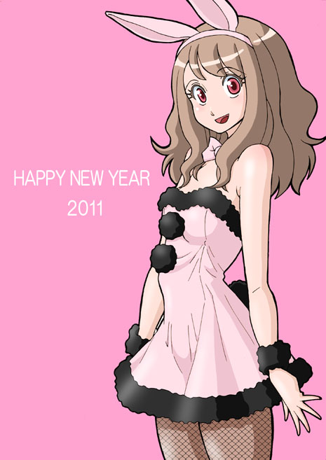 1girl, 2011, animal_ears, artist_request, bare_shoulders, bowtie, brown_hair, doza_village, dress, english, fake_animal_ears, fishnet_pantyhose, fishnets, looking_at_viewer, new_year, open_mouth, pantyhose, pink_background, pink_eyes, rabbit_ears, simple_background, smile, solo, tagme, wristband