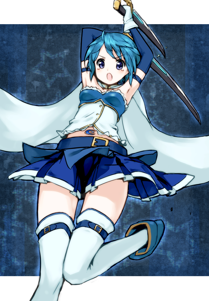 1girl, :o, armband, armpits, arms_up, belt, blue_eyes, blue_hair
