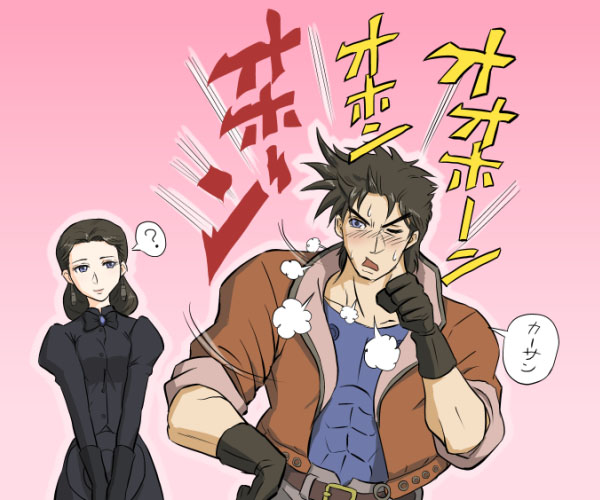 1boy, 1girl, black_hair, blue_eyes, blush, coughing, dress, gloves
