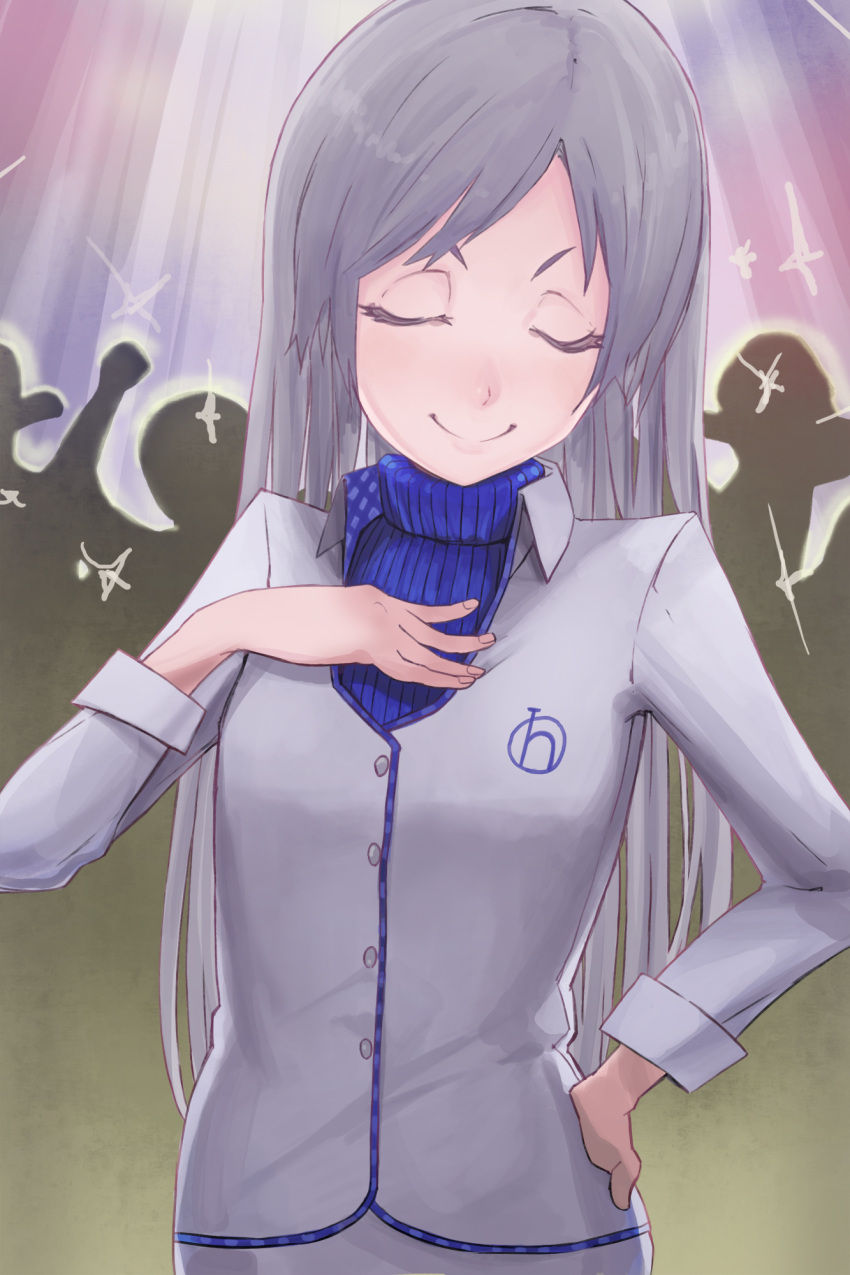1girl, closed_eyes, code-aa, hand_on_another's_chest, hand_on_hip, highres, idolmaster, kisaragi_chihaya