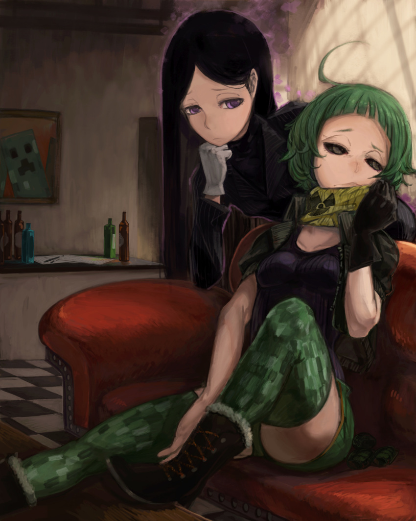 2girls, absurdres, ahoge, black_eyes, black_gloves, boots, bottle, breasts
