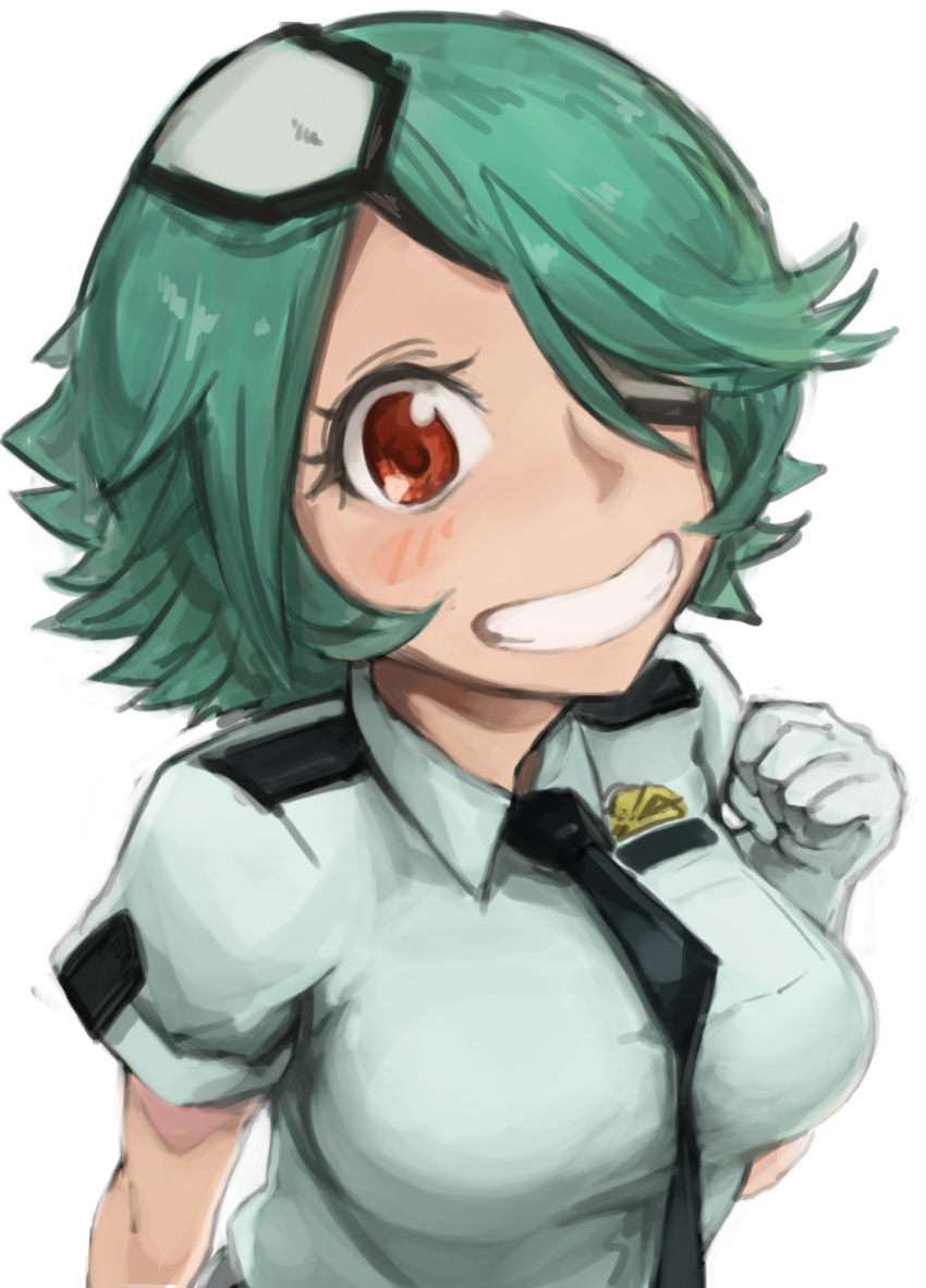1girl, badge, between_breasts, blush, code-aa, eyelashes, eyepatch, gloves