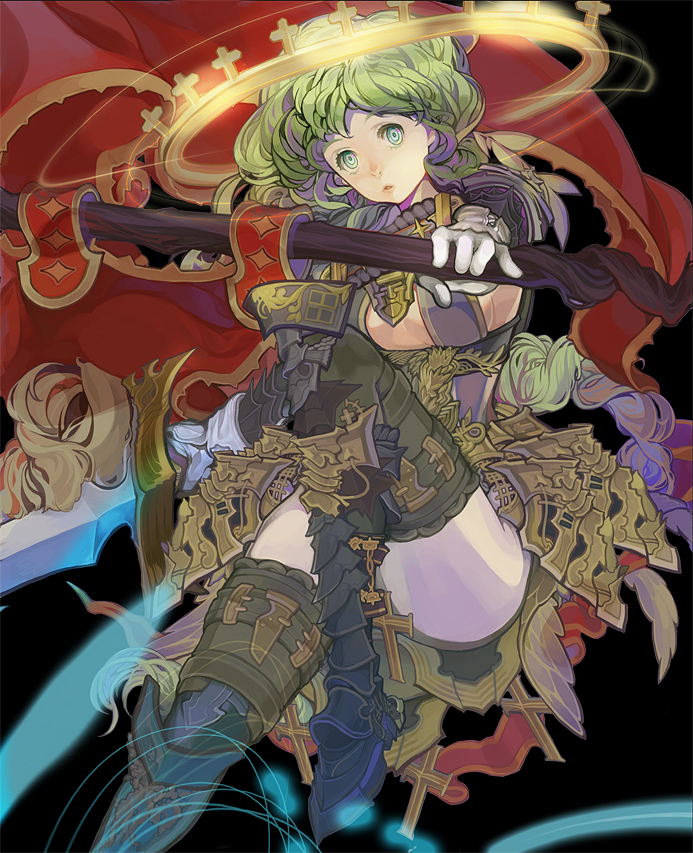 1girl, armor, gloves, green_eyes, green_hair, halo, long_hair, original