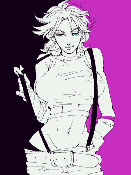 1girl, blue_eyes, breasts, detached_sleeves, female, genderswap, hips, jojo_no_kimyou_na_bouken, joseph_joestar_(young), large_breasts, messy_hair, midriff, mound_of_venus, polon55, solo, suspenders