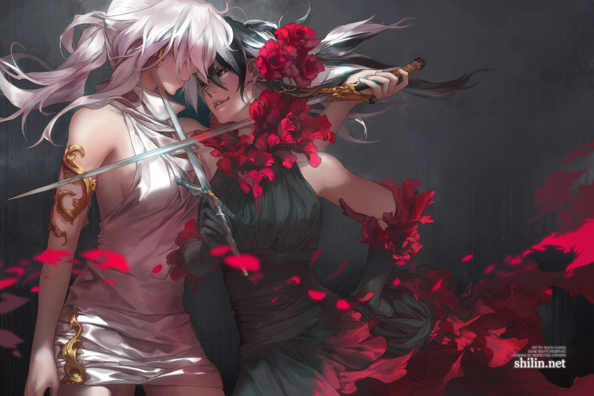 2girls, armlet, artist_name, black_eyes, black_gloves, black_hair, blackbird, breasts, carciphona, elbow_gloves, face-to-face, flower, gloves, hair_flower, hair_ornament, hair_over_eyes, hand_on_hip, highres, lips, long_hair, mexican_standoff, multiple_girls, parted_lips, ponytail, reverse_grip, ruff, shilin, sideboob, silver_hair, simple_background, smile, smirk, sword, veloce_visrin, watermark, weapon, web_address