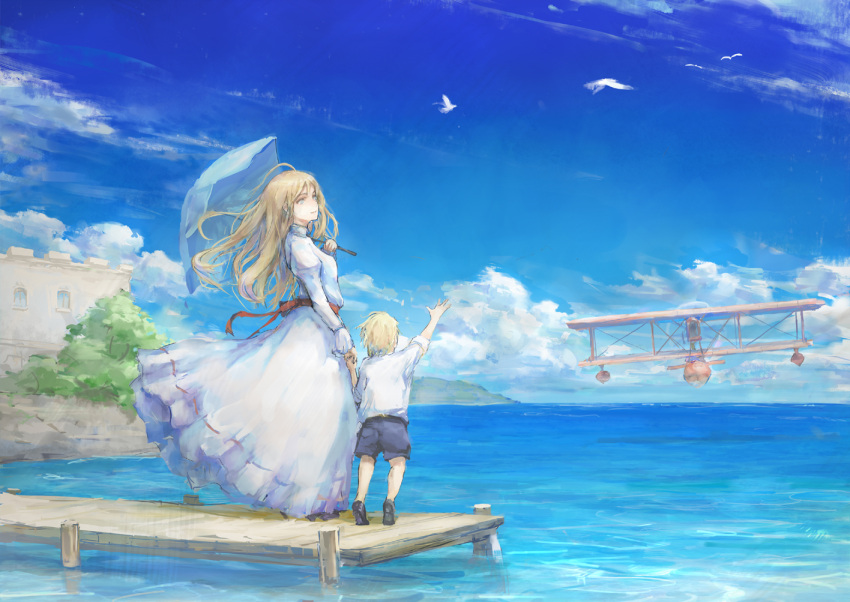 1boy, 1girl, airplane, biplane, bird, blonde_hair, blue, blue_eyes