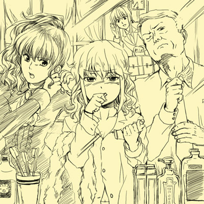 adjusting_clothes, bag, bathroom, bottle, brushing_teeth, collared_shirt, dress, earrings