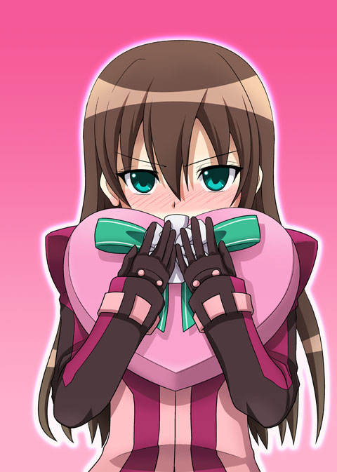 1girl, blue_eyes, blush, bodysuit, brown_hair, chocolate, chousoku_henkei_gyrozetter, female