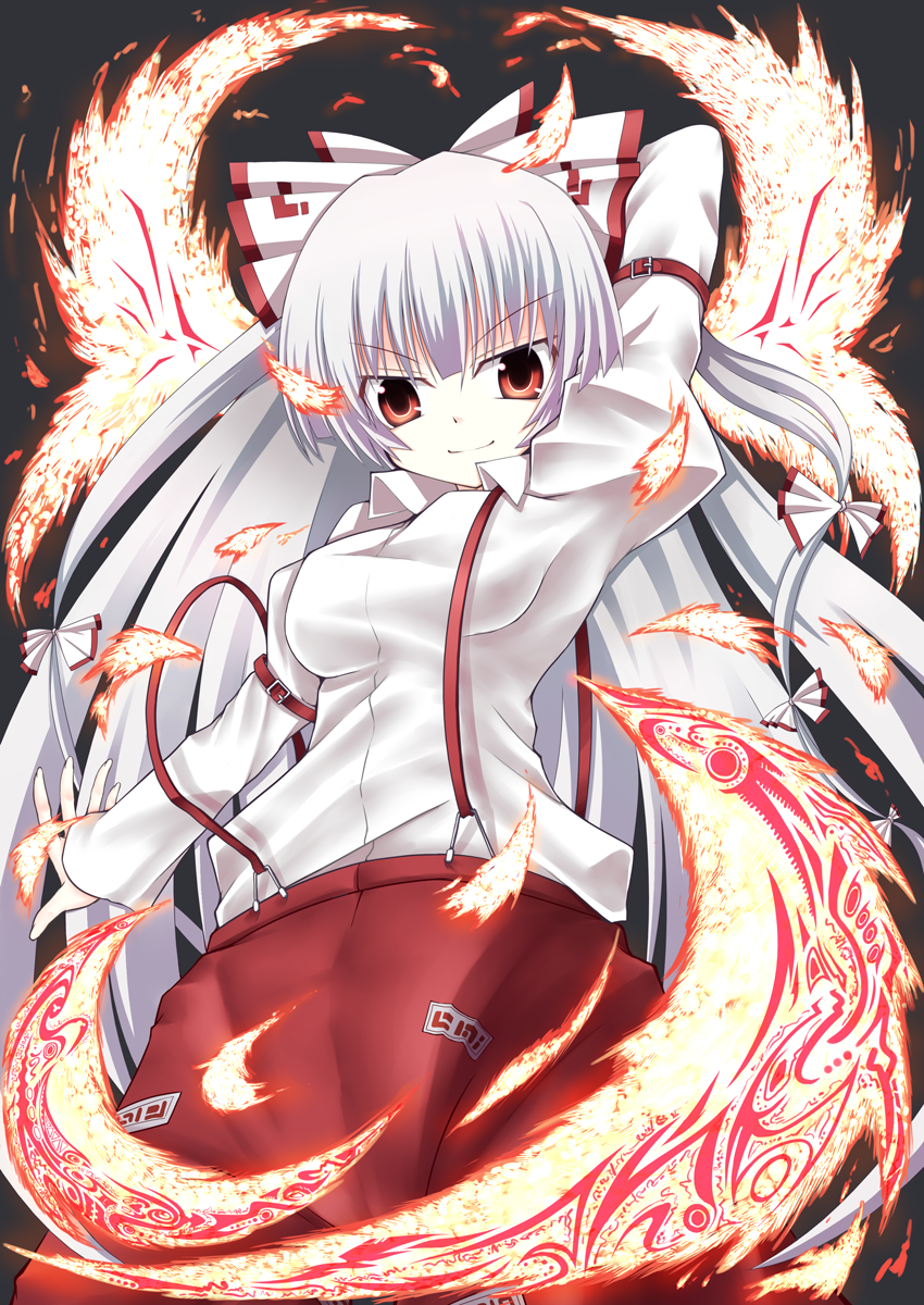 bow, fire, fujiwara_no_mokou, hair_bow, hair_ribbon, hamo_tosaka, highres, long_hair