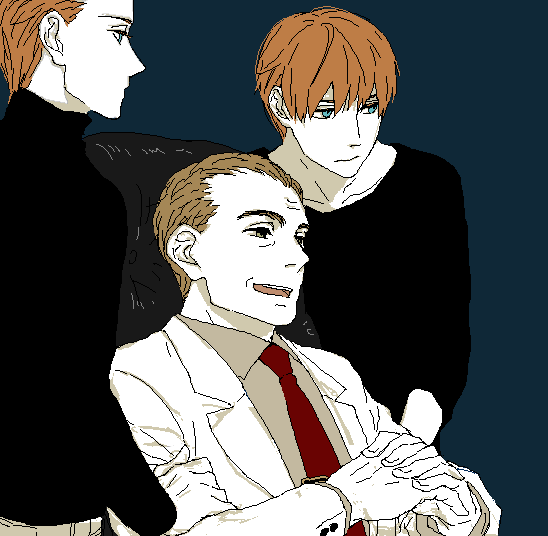 3boys, blue_eyes, brown_hair, grey_eyes, han_fastolfe, kurosuke_(nora), multiple_boys, necktie