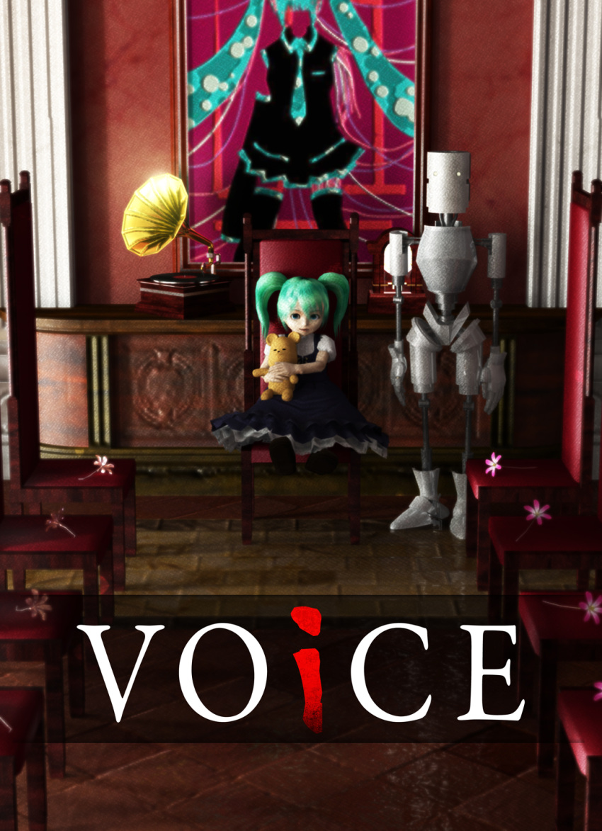 1girl, cover, dvd_cover, hatsune_miku, highres, long_hair, nyohoho, painting, phonograph, robot, skirt, twintails, vocaloid, voice_(vocaloid)