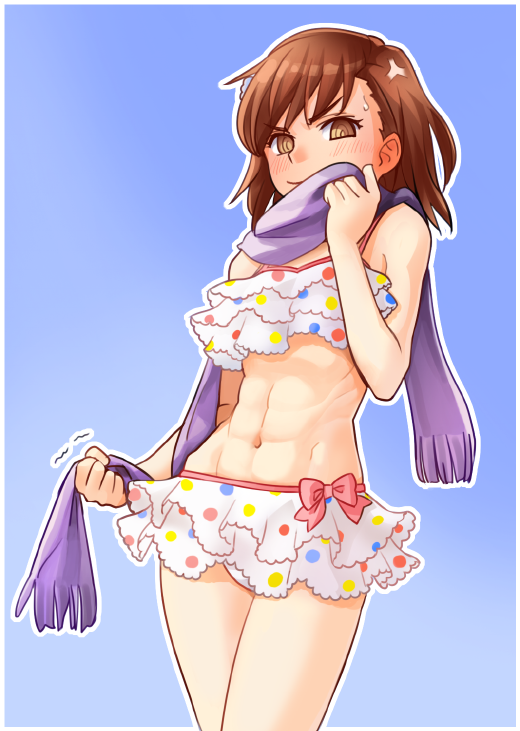 amado_(shin), bikini, bikini_skirt, brown_eyes, brown_hair, frilled_bikini, frills, misaka_mikoto