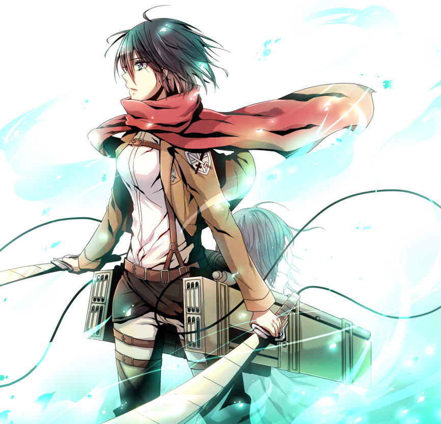 1girl, belt, black_eyes, black_hair, boots, dual_wielding, jacket, mikasa_ackerman
