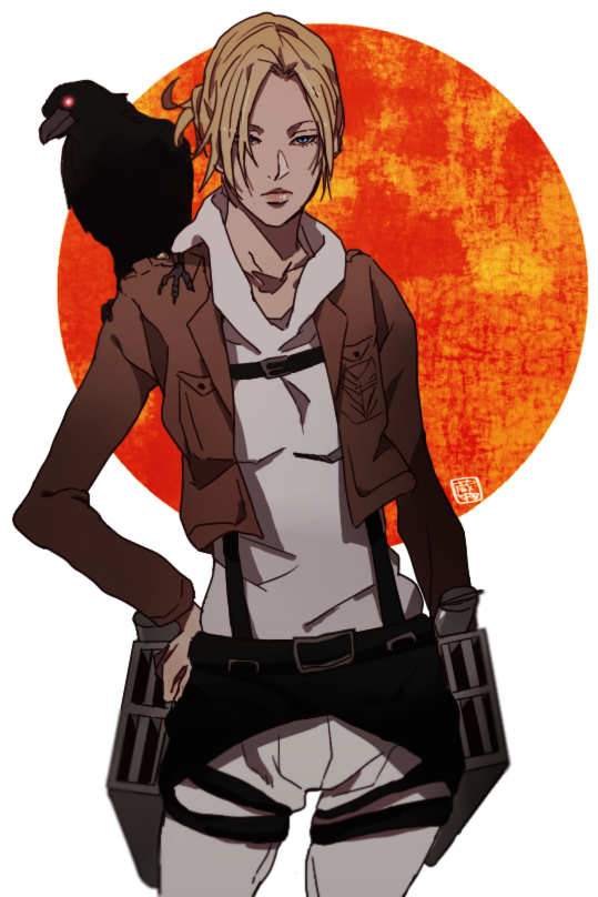 annie_leonhardt, bird, bird_on_shoulder, blonde_hair, blue_eyes, boots, jacket, motsu_(f0204), shingeki_no_kyojin, short_hair, solo, uniform