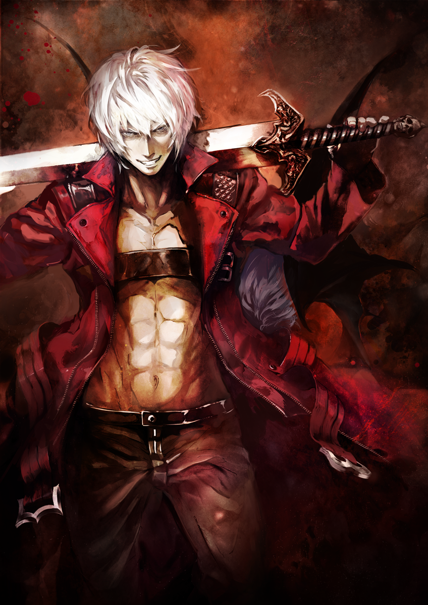 1boy, abs, back-to-back, banpai_akira, bat_wings, belt, crossover, dante